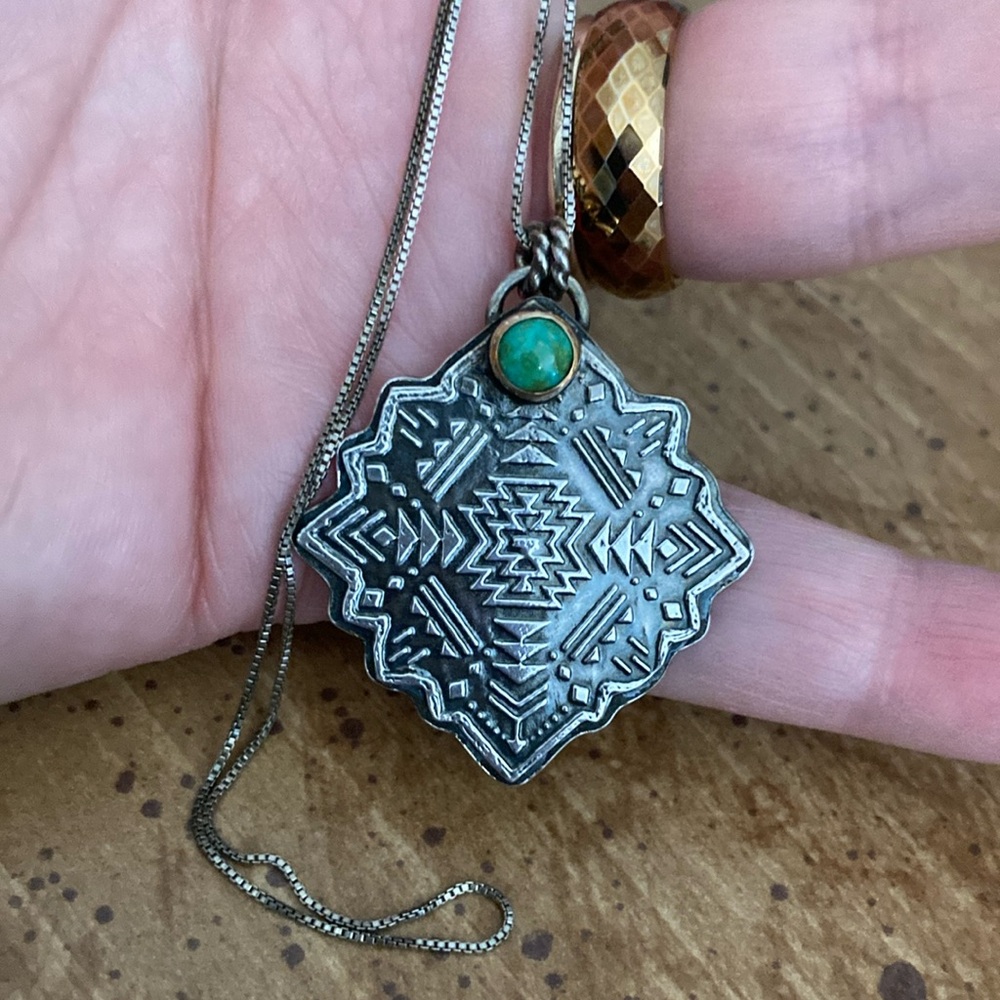 Artisan Silver Geometric Pendant Necklace with Turquoise and Gold Accent